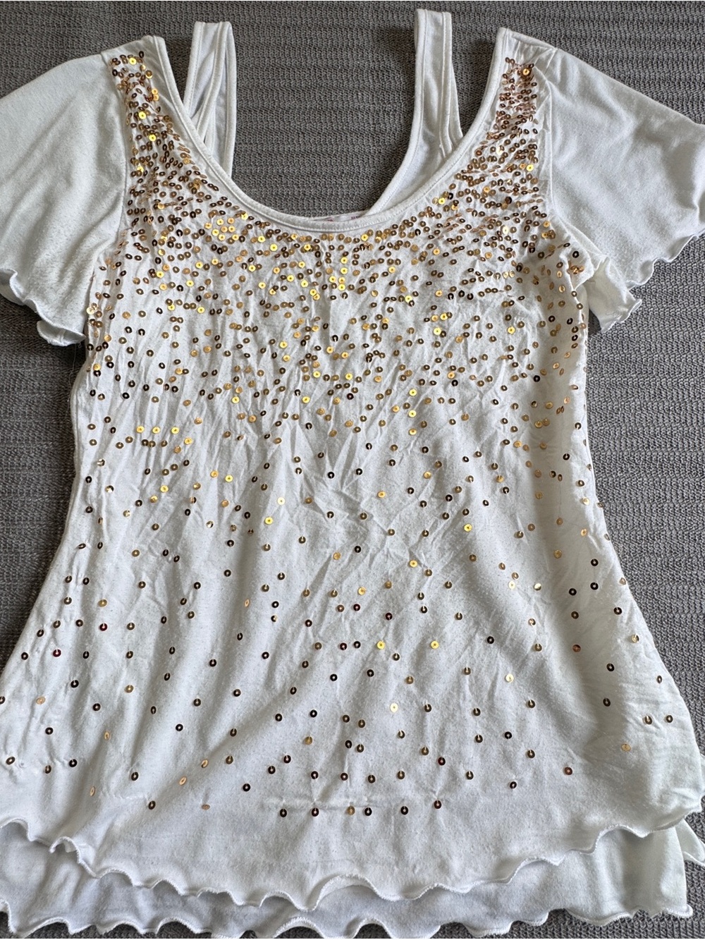 Bacci Ivory Gold Sequin Blouse XL Short Sleeve Stretch Top